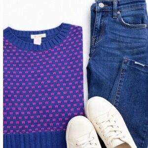 Tulle Blue + Pink Knit Sweater w/ Short Sleeves Polka Dot Lightweight Top -L